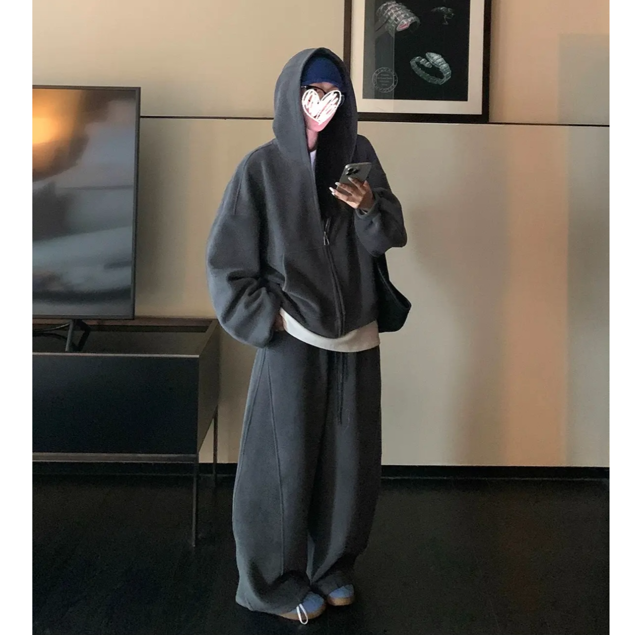 秋冬奥粒绒加厚宽松连帽休闲卫衣外套套装女松紧腰阔腿裤女慵懒风