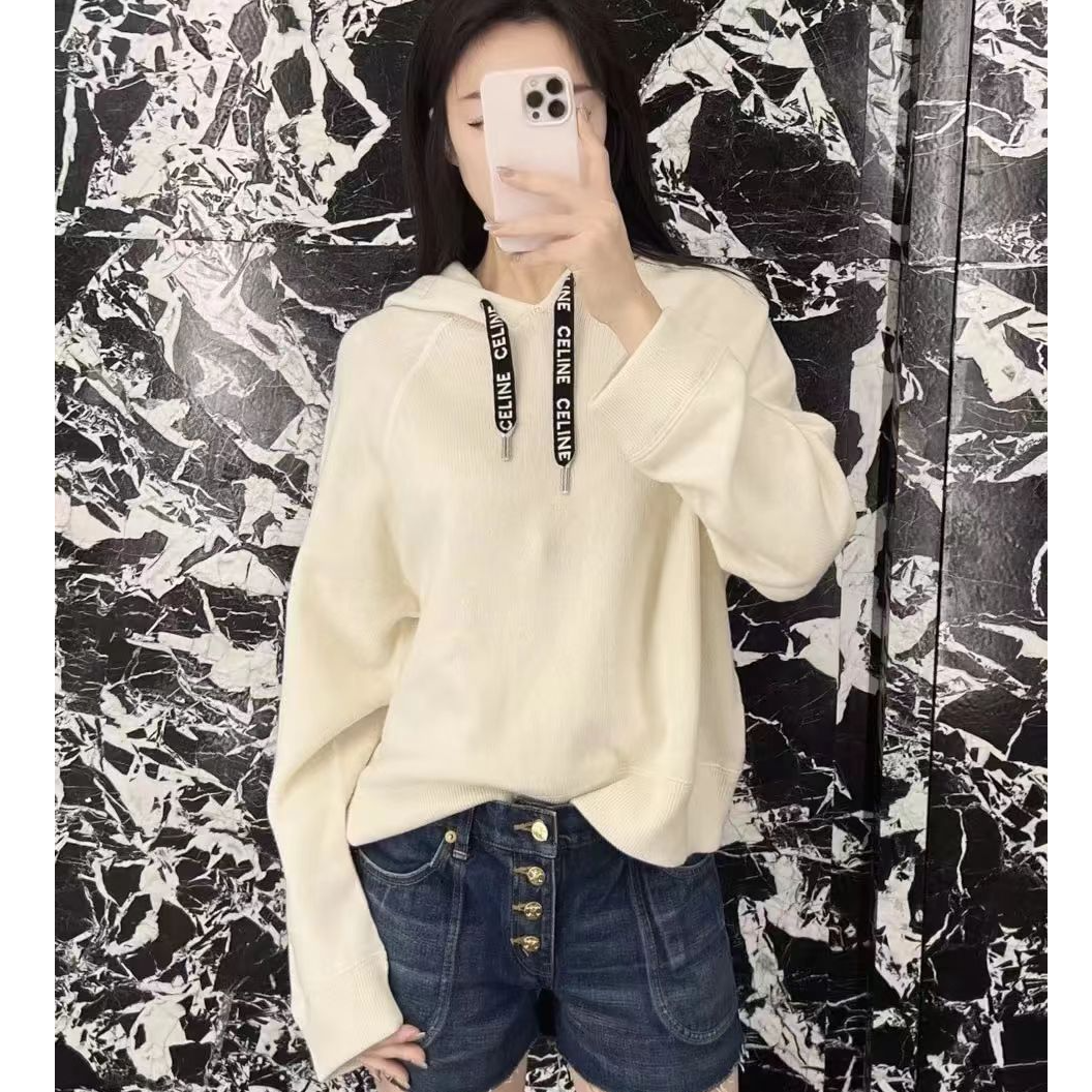 未使用 Celine/思琳 纯色字母饰带连帽长袖毛衣羊绒衫 白色/M