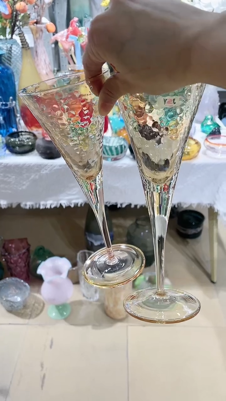 【闪购商品】水晶玻璃2只锤纹琥珀香槟杯