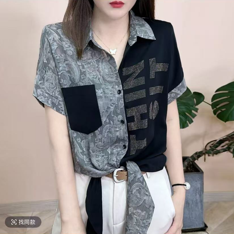 女士夏季2025新款烫钻字母时尚拼色短袖衬衫宽松显瘦洋气上衣小衫