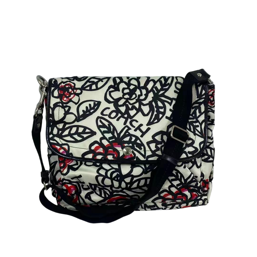 95新 COACH/蔻驰 黑白花朵涂鸦帆布拼皮单肩斜挎包  MM-81430