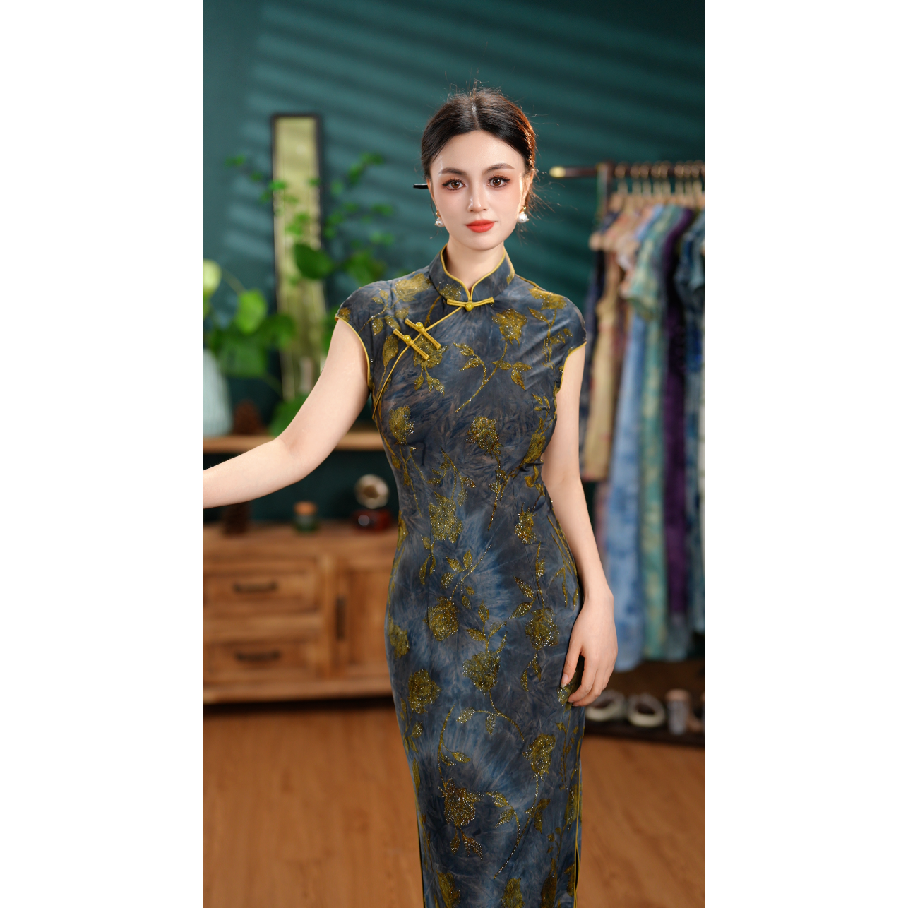 【鎏金】【裙长123】冰丝植绒旗袍裙新中式裙子女