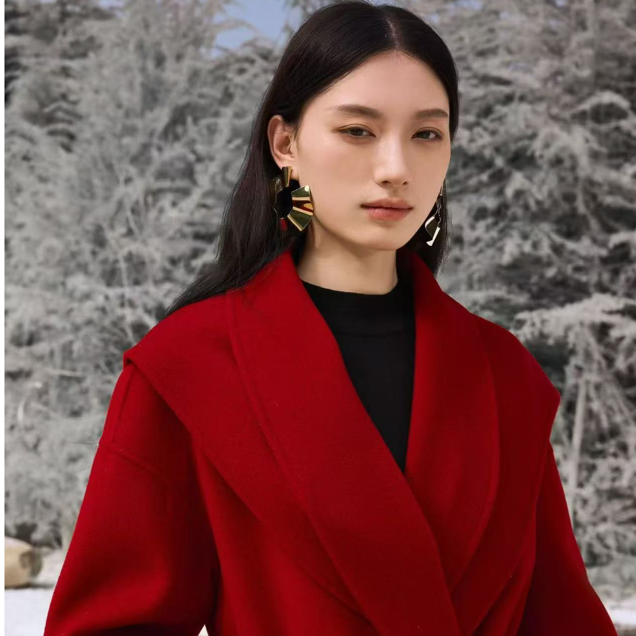 华家曼 冬款 新年红色大衣H426316873时尚网红气质双面呢羊绒