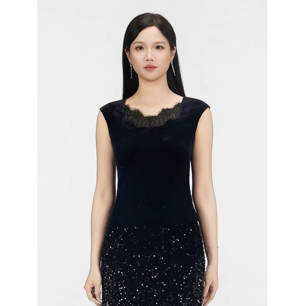 SUSSI/古色“墨翠丝绒”法式碧玺色丝绒蕾丝背心气质感内搭‘单背心’