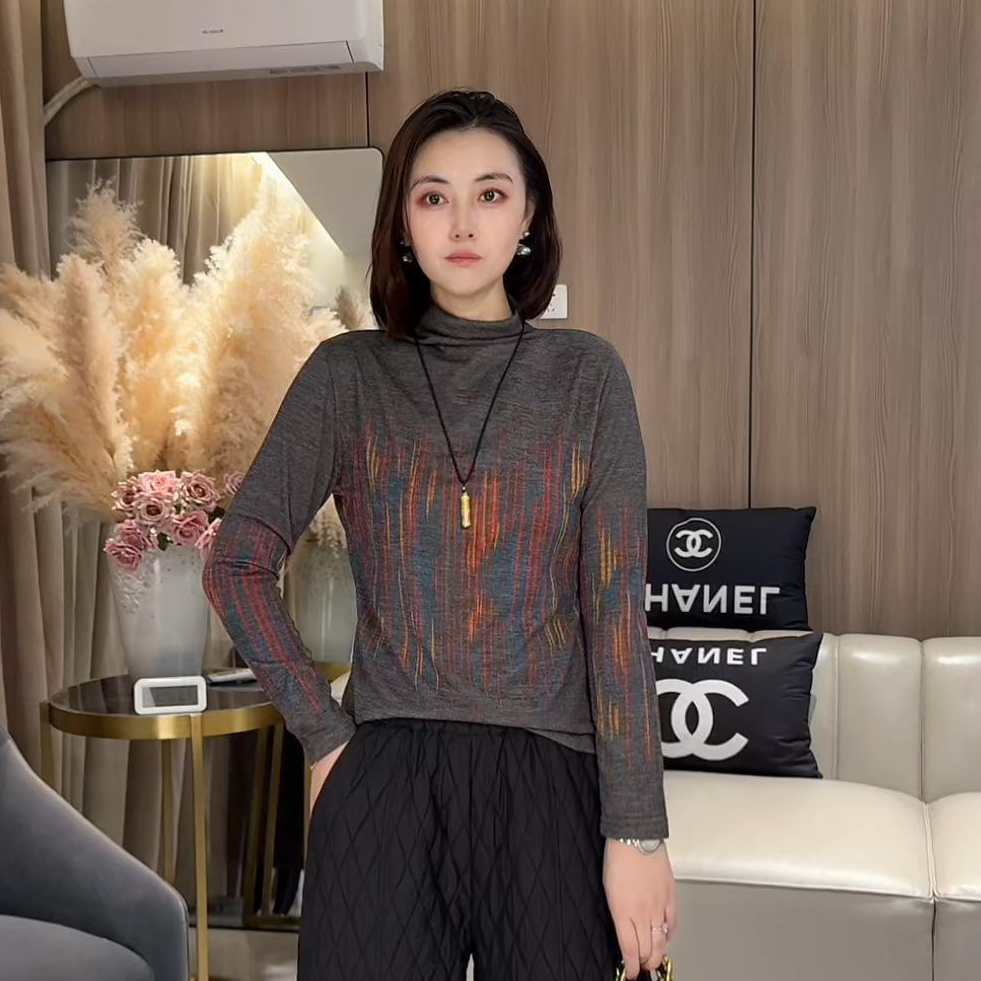 针织时尚轻奢极简风T恤秋冬半高领打底衫长袖堆堆领条纹老钱风