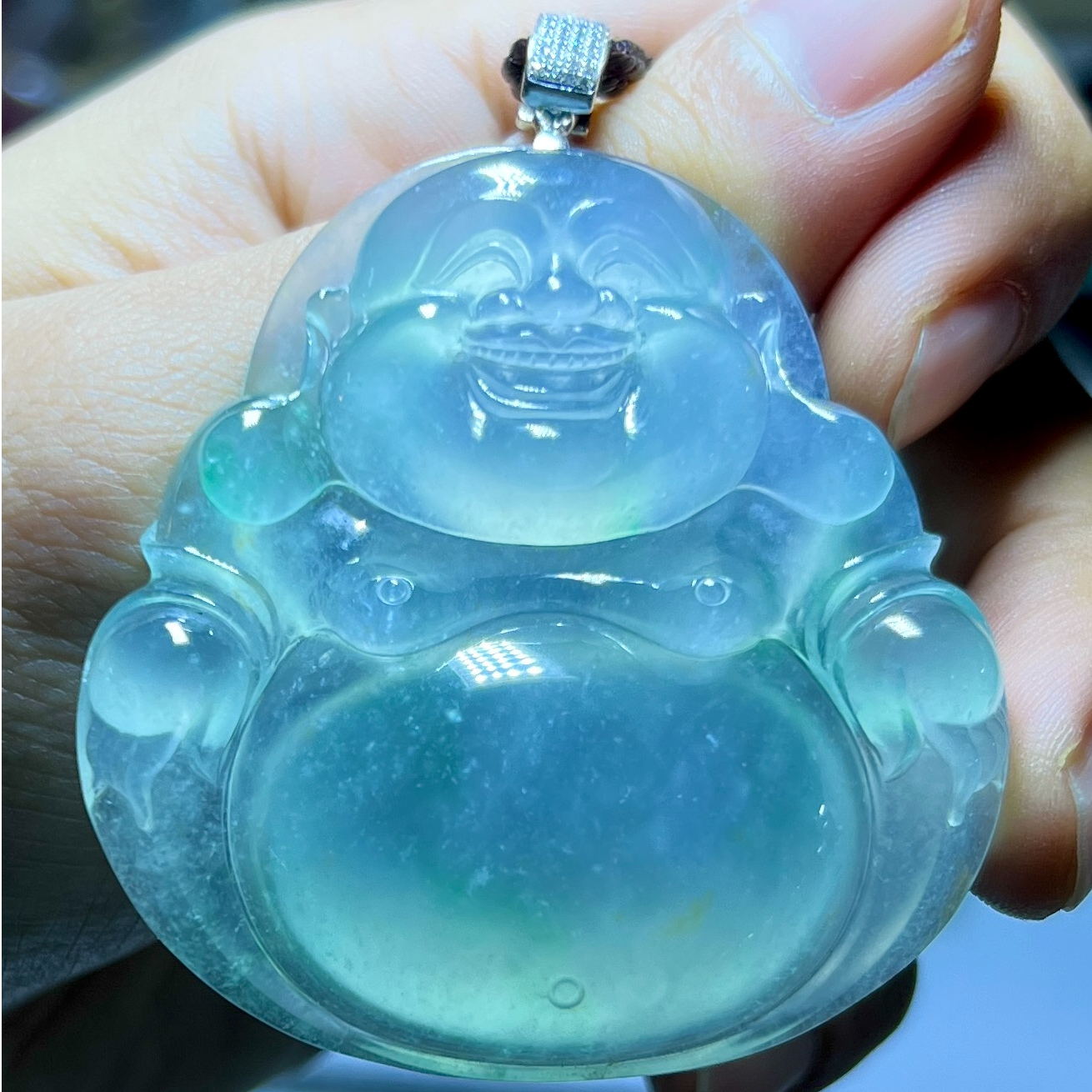 心尘翡翠 天然缅甸A货翡翠 高冰玻璃种天空蓝大佛公18K金镶嵌