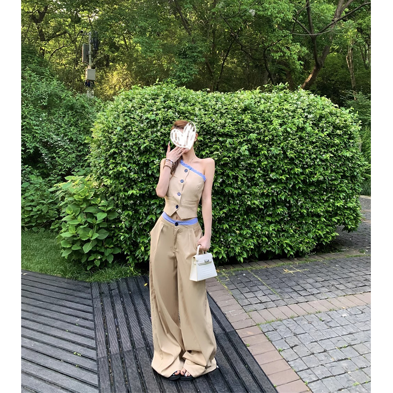 夏季辣妹斜肩无袖西装马甲上衣女高腰设计感休闲阔腿西装裤两件套