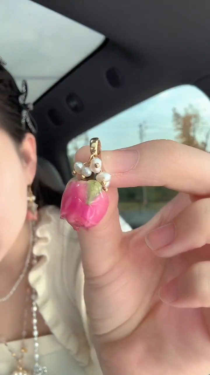 吊坠(不含链)未镶嵌淡水珍珠红玫瑰花万能扣吊坠