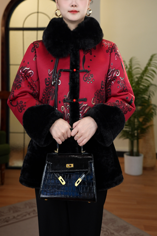 洋气妈妈冬装新中式国风中老年女装冬季仿皮草加绒厚外套MF998