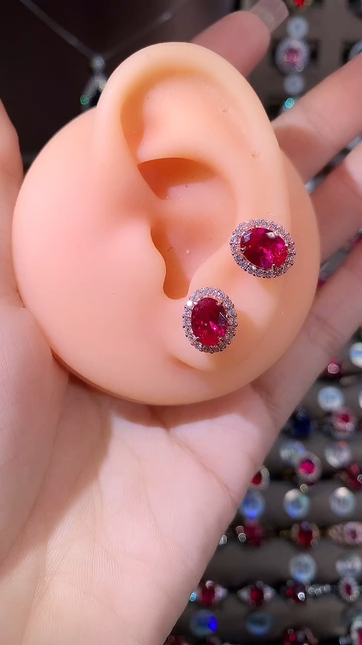 银S925镶嵌耳饰红宝石68玫瑰金