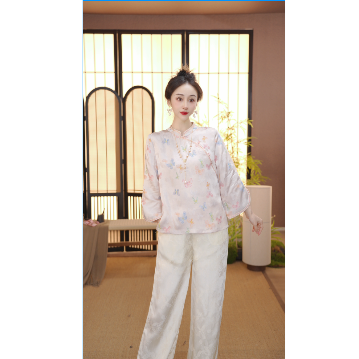 （粉蝶翩翩）粉色改良中式旗袍春夏季女装宽松上衣 FB2501193