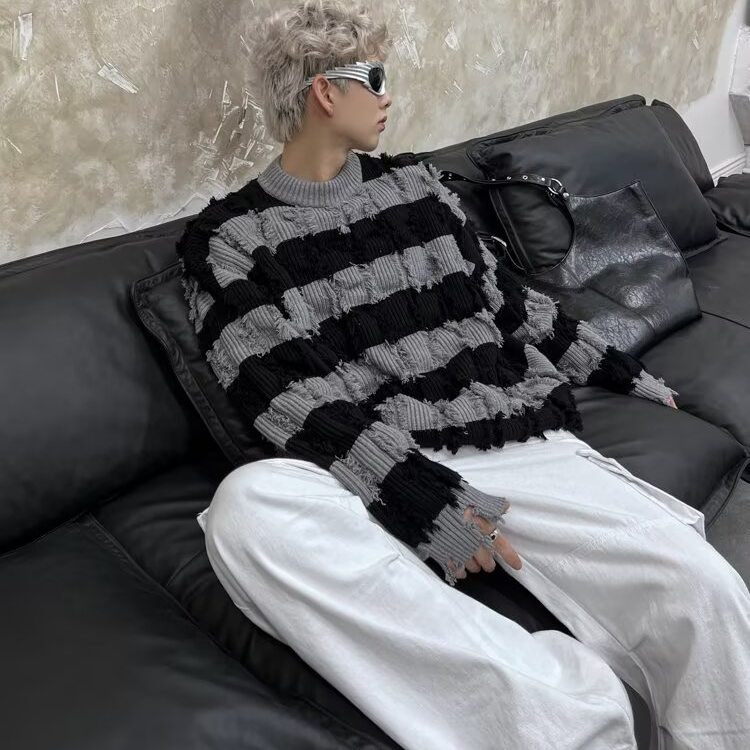 冬季复古保暖加厚黑白经典条纹破坏针织衫圆领百搭毛衣男女潮