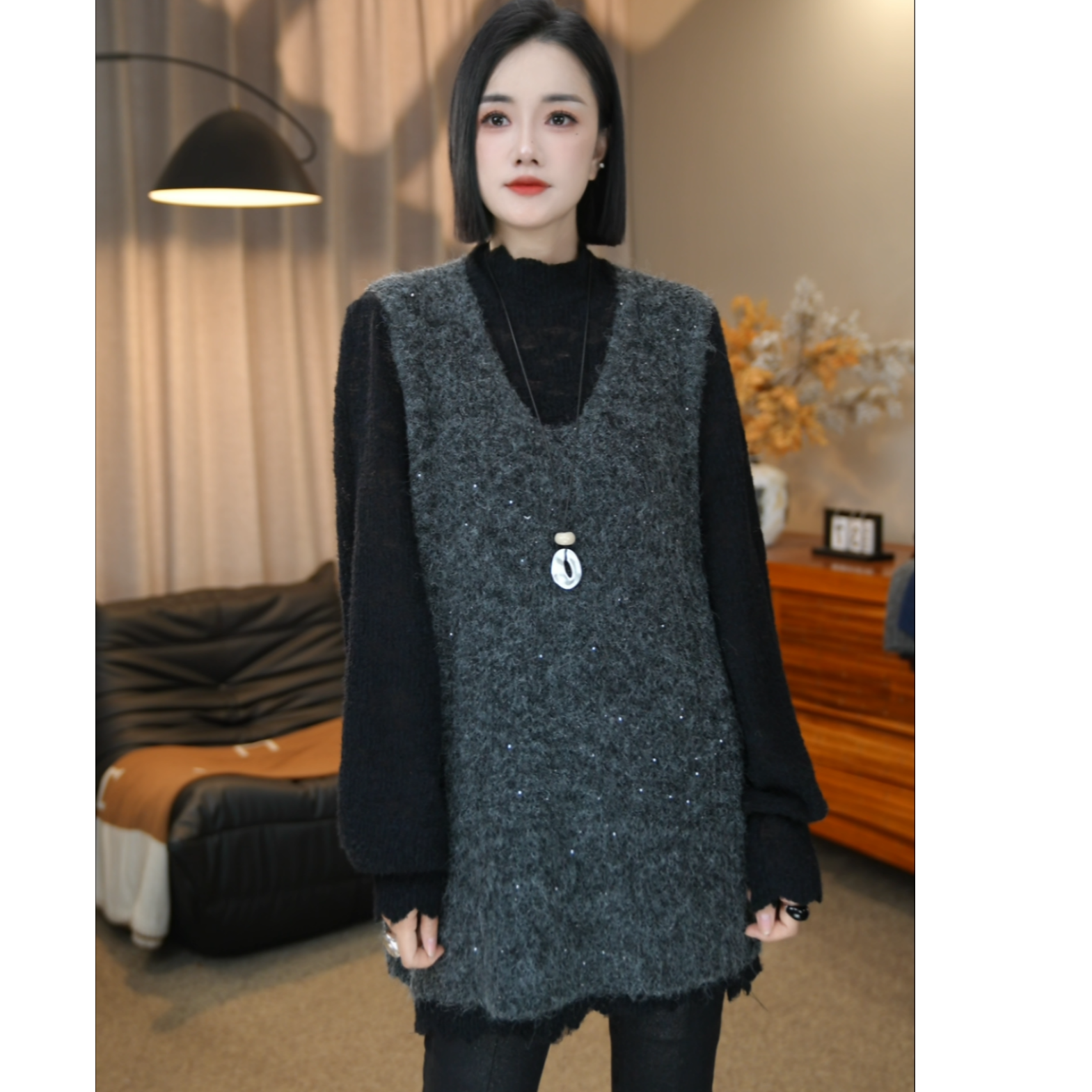SZ&洋气时尚简约V领亮片针织马甲F1788百搭显瘦女士针织马甲