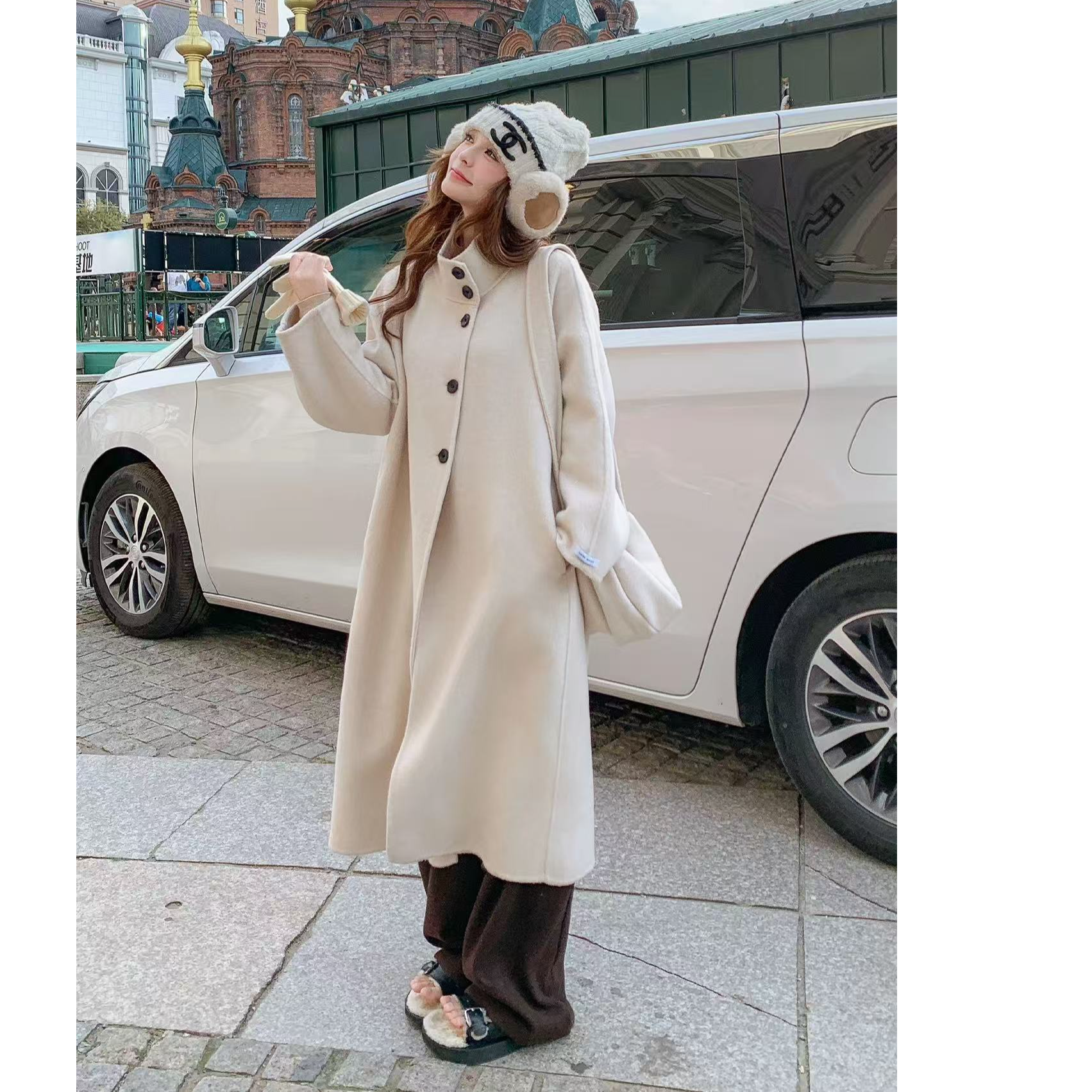 619韩系立领双面高级感宽松长款大衣女秋冬时尚洋气带包气质