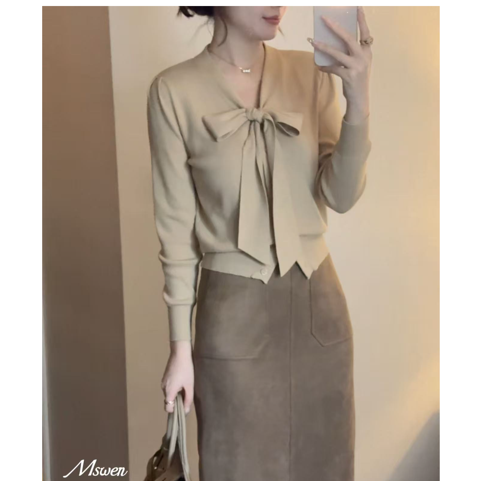 【WENZO】泡芙小姐~冬季百搭时尚气质显瘦V领飘带针织开衫W240716