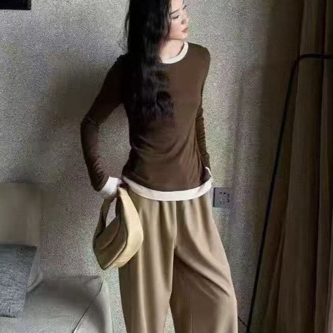 早秋新款假两件设计感长袖打底衫女百搭958261