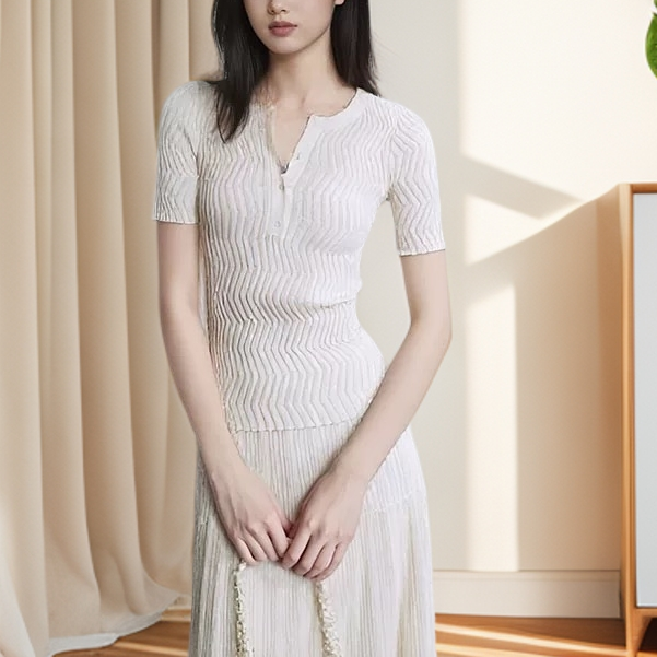 【水波纹亨利领】德国BIELLA60支OTW纱线短袖针织女2025夏新款显瘦