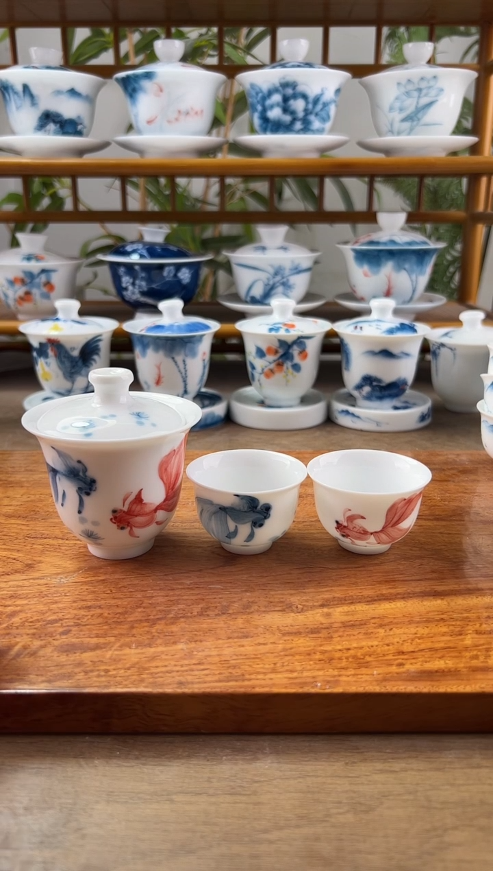 微瑕红蓝锦鲤美人备+美人杯2个