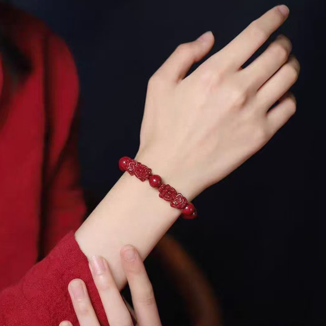 含辰砂工艺品8MM双貔貅朱砂手串