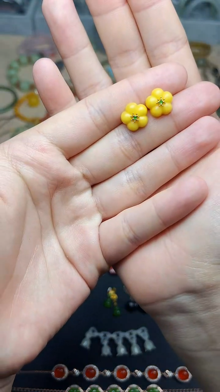 蜜蜡银S925镶嵌耳饰花花 06