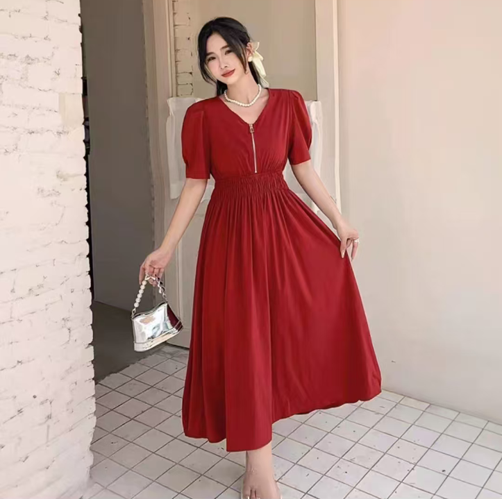 V领法式设计感小个子连衣裙夏季时尚剧款收腰连衣裙8827【4】