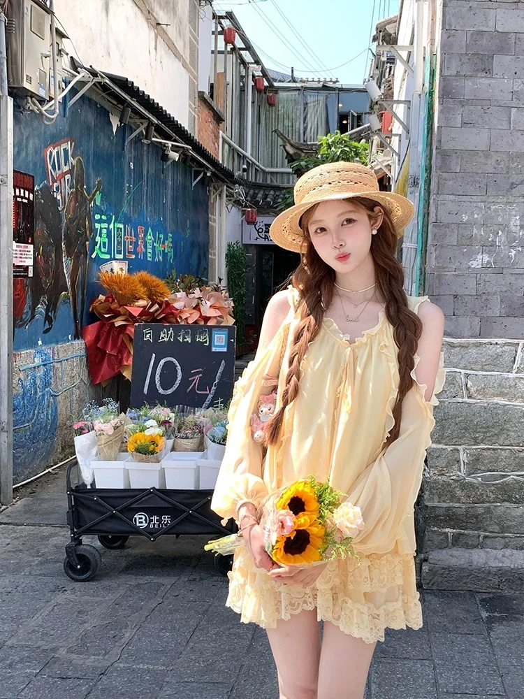 黄色荷叶边长袖防晒上衣a字半身裙套装女夏季度假风两件套