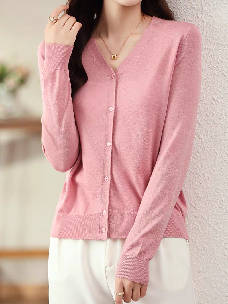 女士新款v领针织开衫精纺羊毛长袖宽松薄款外套时尚纯色空调衫