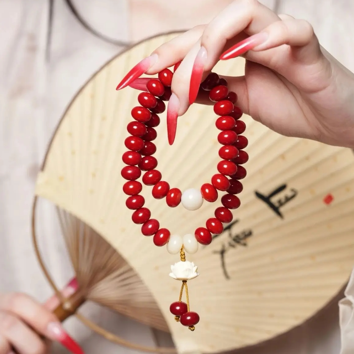 【红豆】红菩提根双圈算盘珠手串搭莲花+白玉菩提中式复古国风文玩