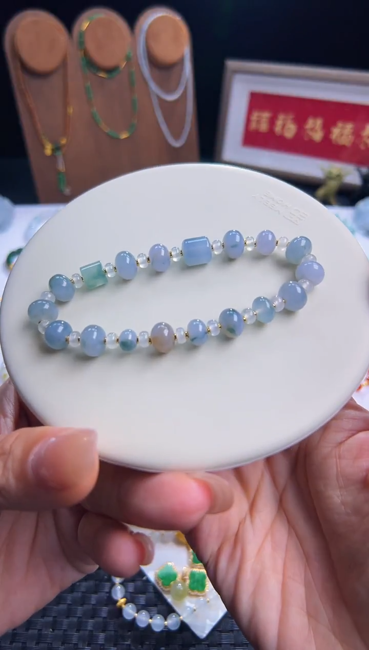 足金镶嵌手串翡翠莫奈花园特色料！卡8鼓珠冰紫果冻料！强推！巨漏