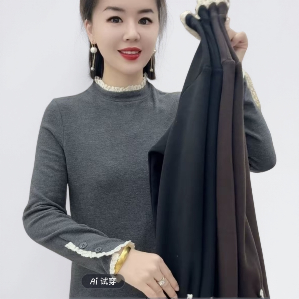 《1002》冬季新款百搭时尚长袖花边中长款加绒大衫打底秋冬上衣长袖