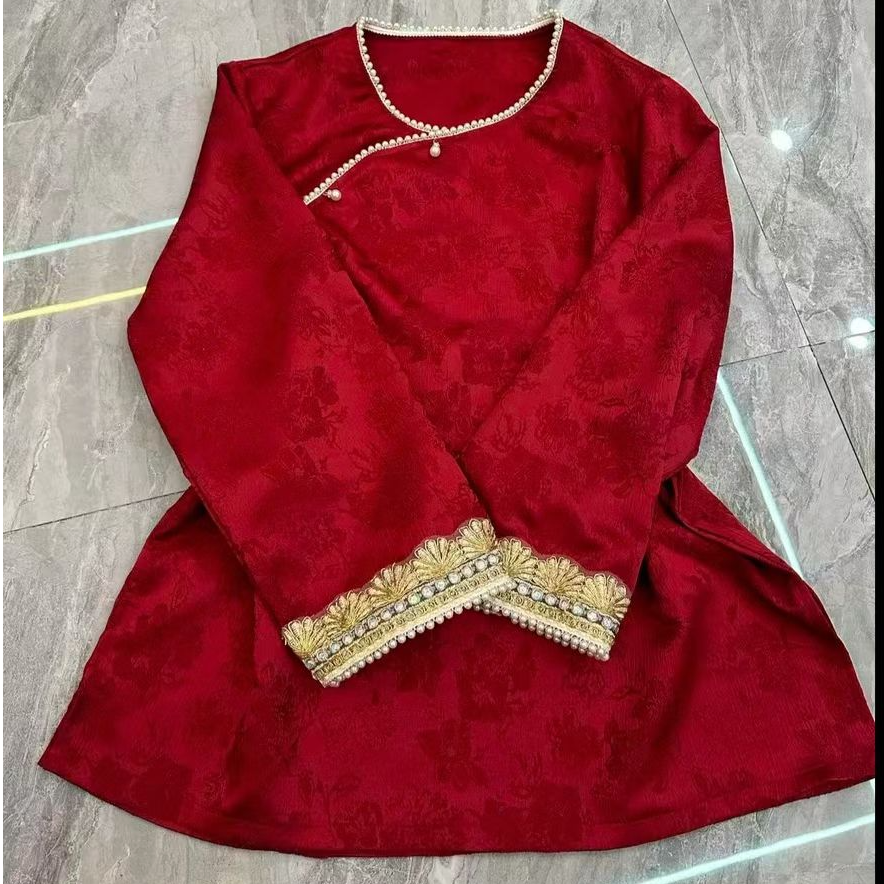 大码新中式复古斜襟国风刺绣长袖衬衫女百搭打底新年上衣减龄