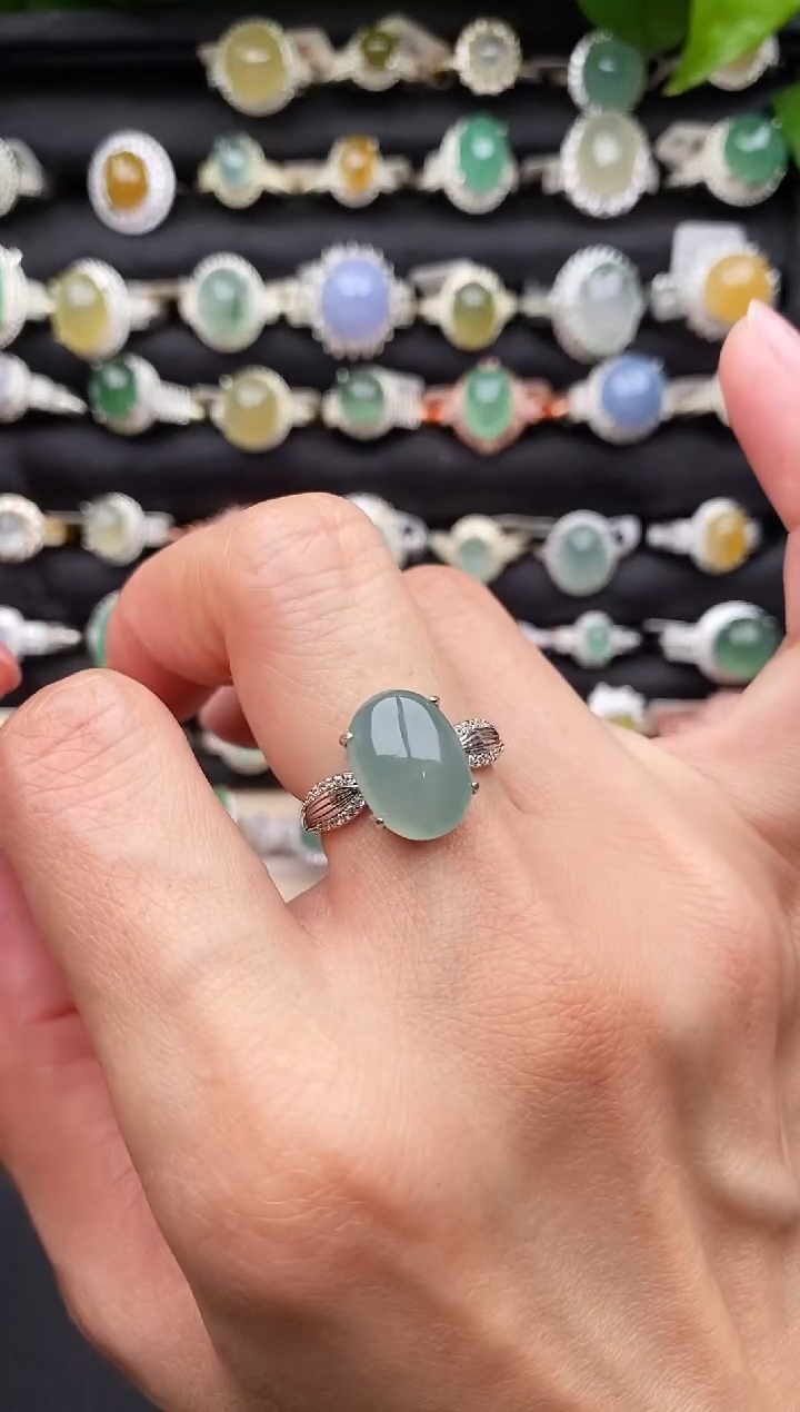 【闪购商品】翡翠戒指银S925镶嵌缅甸天然A货翡翠11   4-2