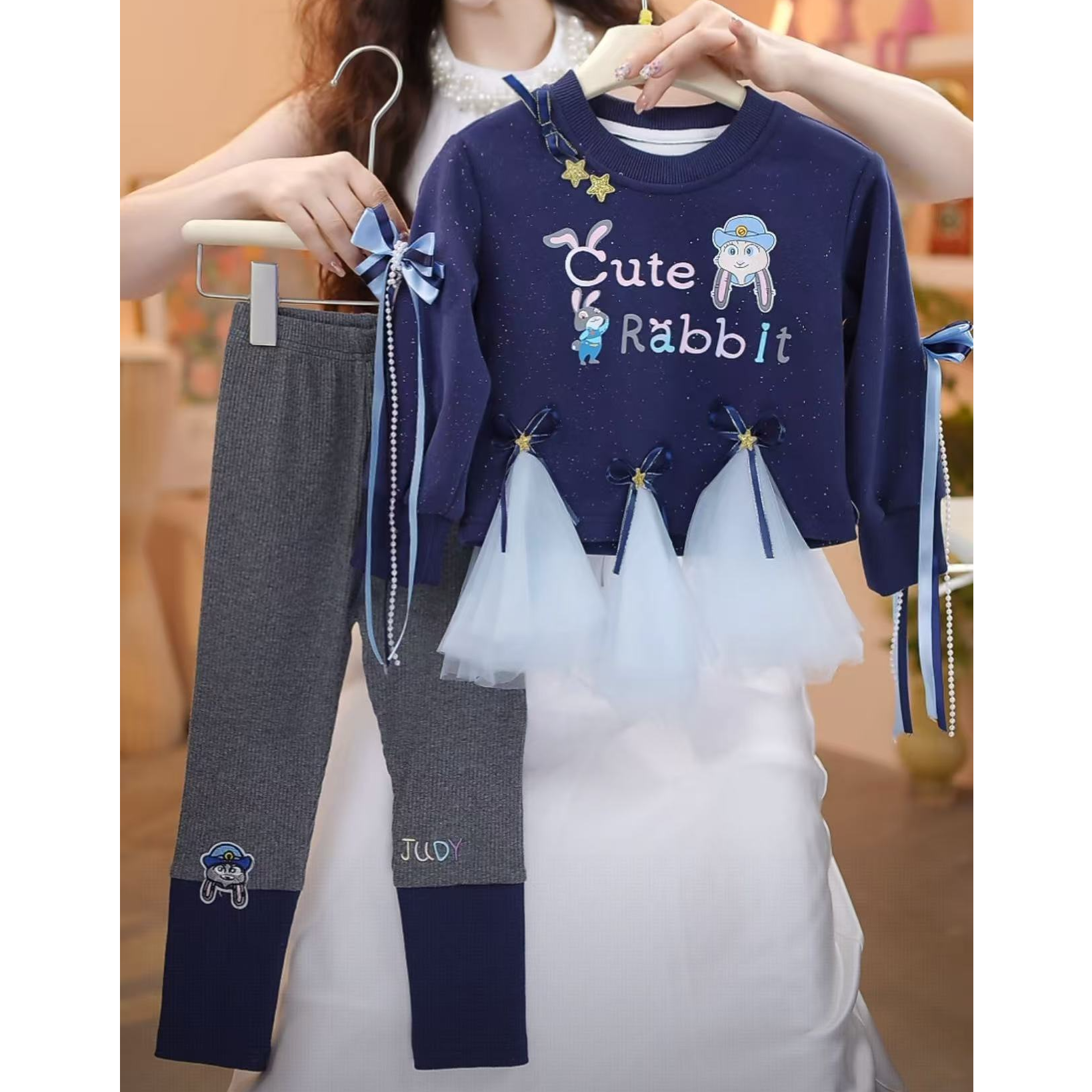 女童中小童2025卡通风套头秋季套装假两件拼接甜美风两件套