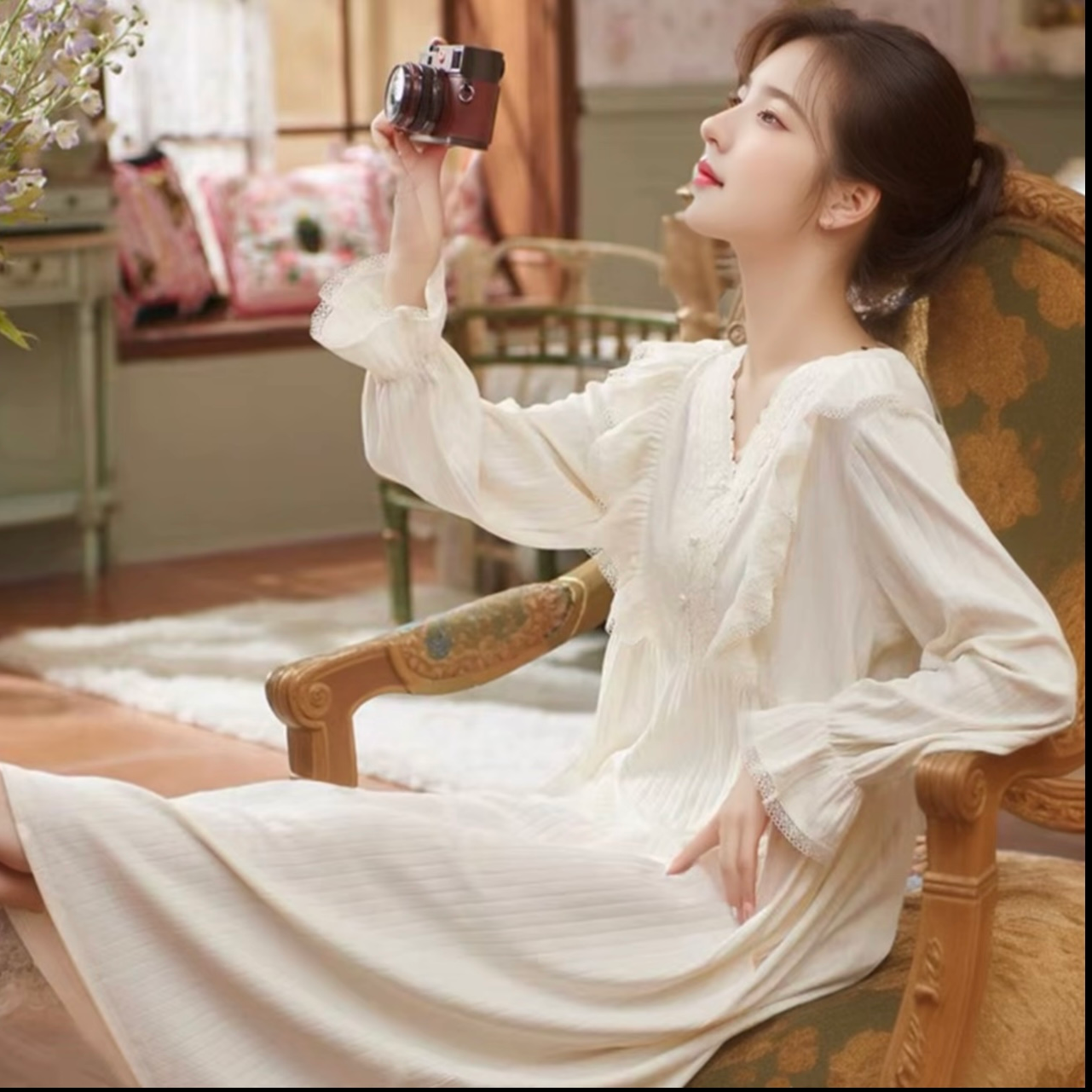 【2】带胸垫羊绒睡裙女秋冬季加绒加厚气质公主风保暖睡衣女家居服