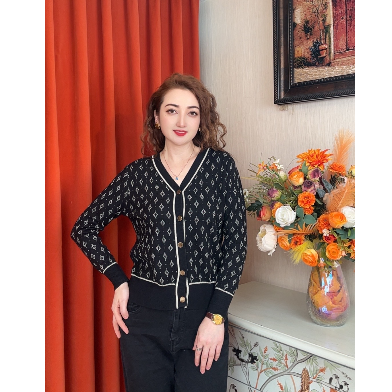 新款高品质大气提花宽松懒惰风开衫毛衣