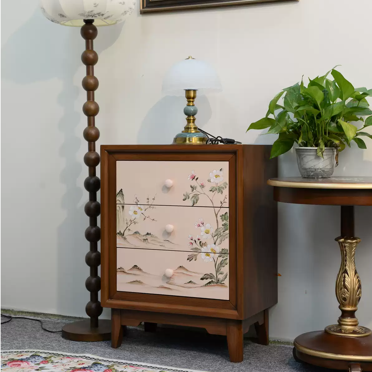 中古风美学实木床头柜复古卧室床边柜收纳柜储物柜三抽屉床头柜