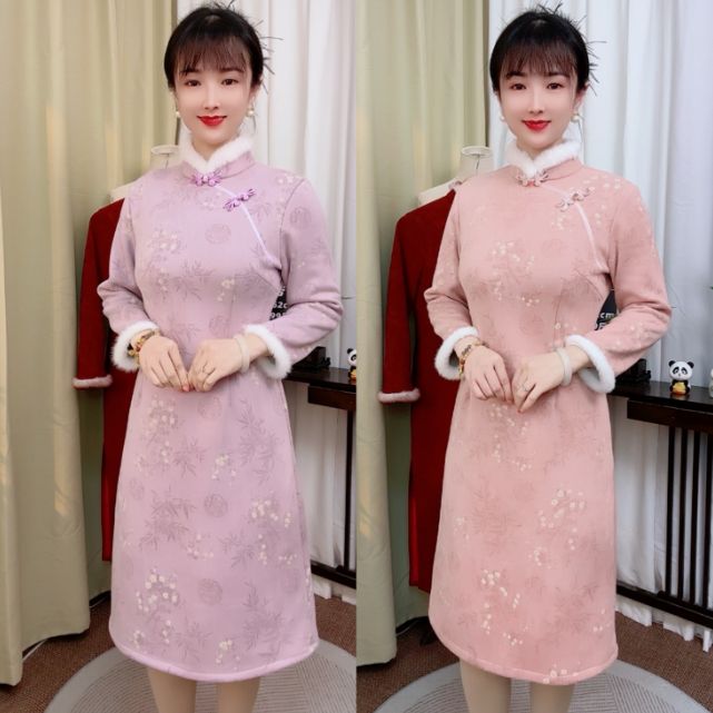 12-落叶飘飘冬款加绒加厚中长款长袖气质修身旗袍M-5XL