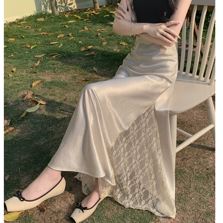 开叉蕾丝拼接珠光缎面鱼尾裙半身裙春夏女长裙垂坠醋酸高腰