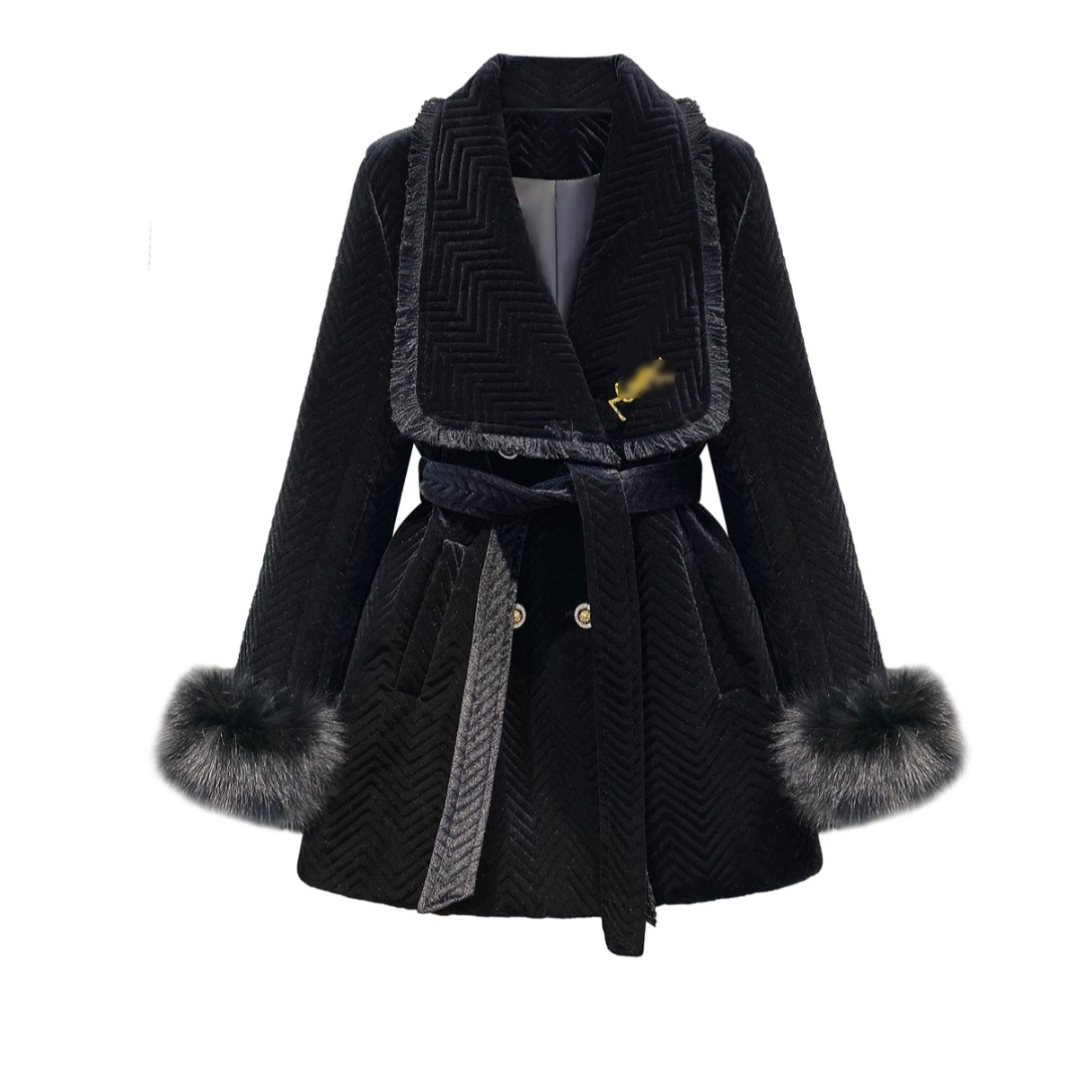 黑色收腰丝绒中长款洋气大衣外套女冬新款夹棉风衣外套A8111713