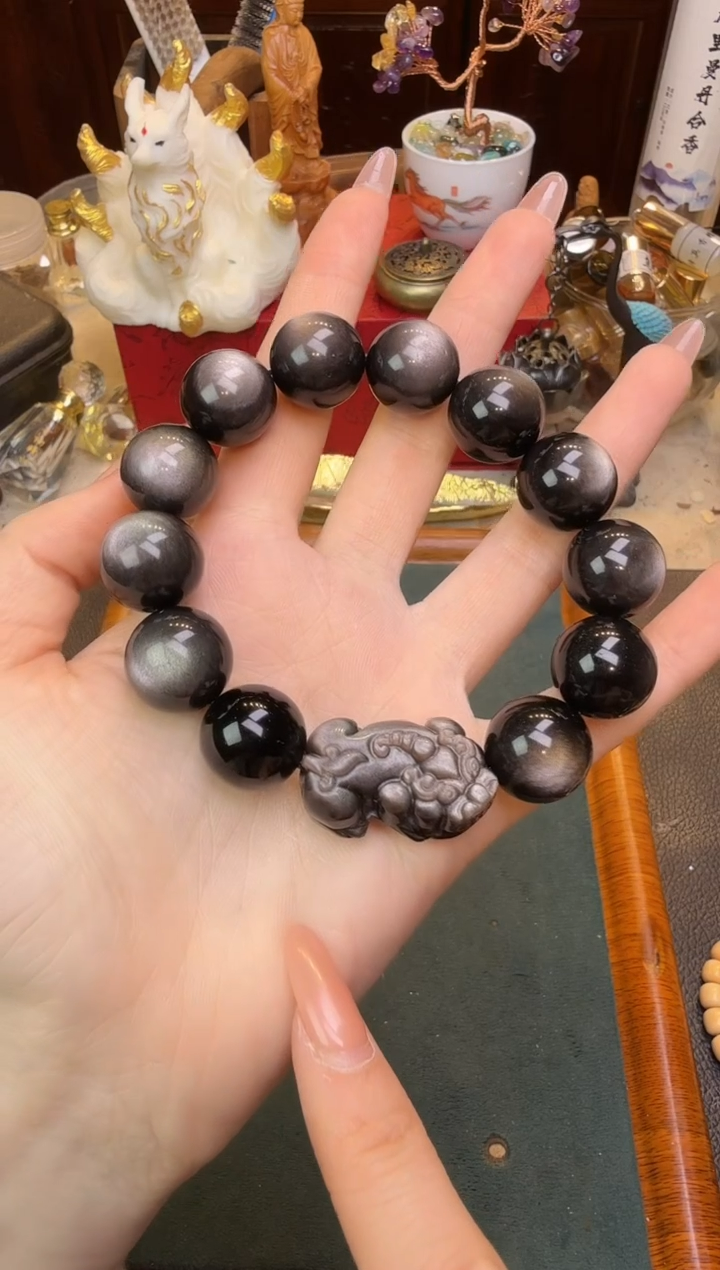 【闪购商品】黑曜岩手串未镶嵌银曜石1.6带貔貅多样性发其一