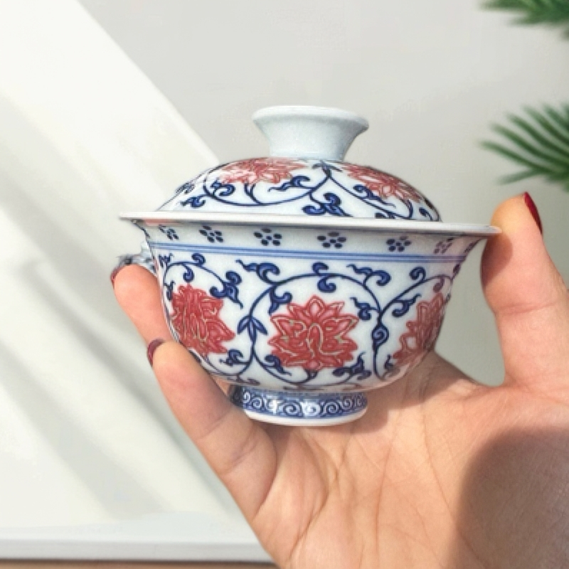 景德镇手工青花釉里红缠枝莲元宝盖碗（超七天售后不退换