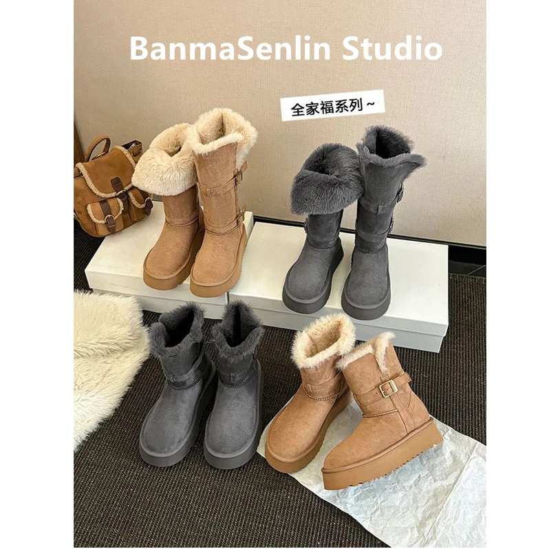 软皮版~厚底灰色长筒雪地靴2025冬季新款加厚防滑高筒靴东北棉鞋