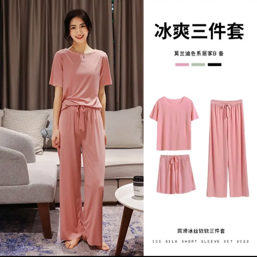大码冰丝睡衣三件套女宽松夏季薄款胖mm夏天家居服套装休闲居家衣