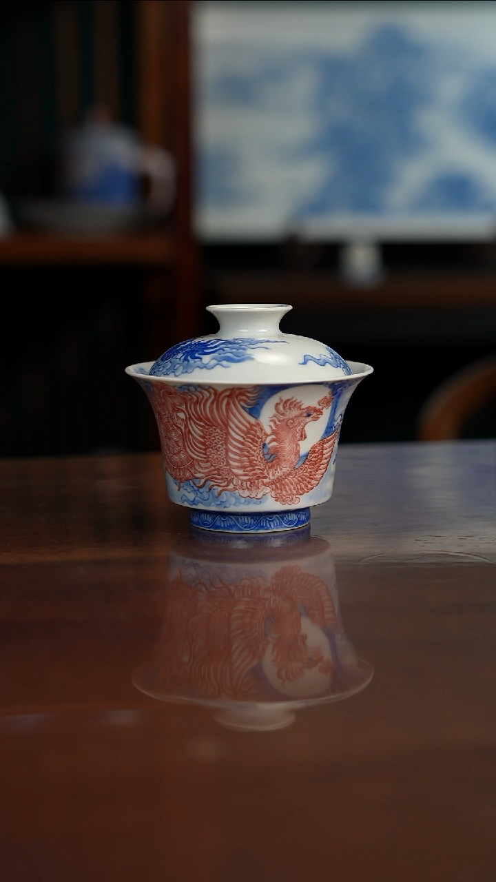 自成堂柴窑 青花釉里红 龙凤