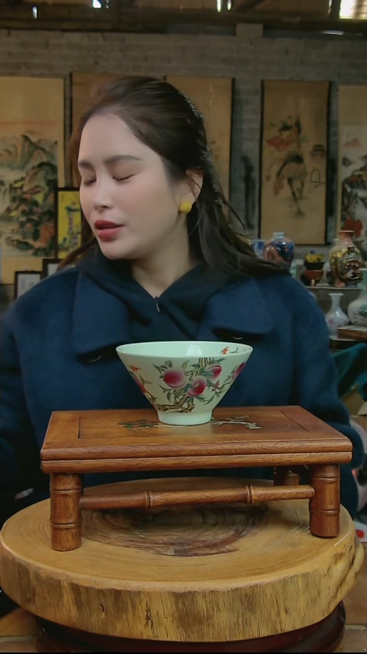 摆件陶绿稀土寿桃斗笠碗