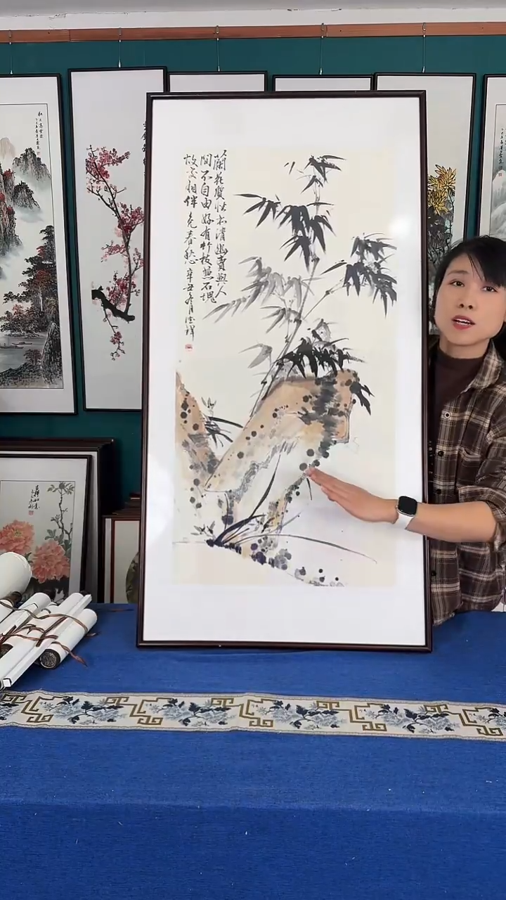 国画石竹图实木装裱63*123