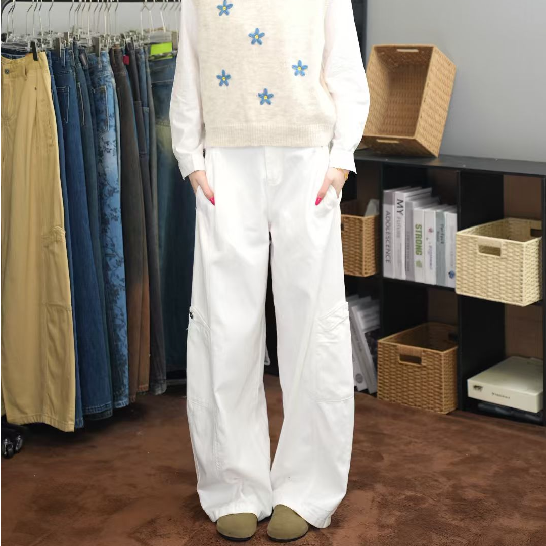 【泡泡】复古白色弯刀褶皱设计感牛仔裤宽松阔腿裤A00025