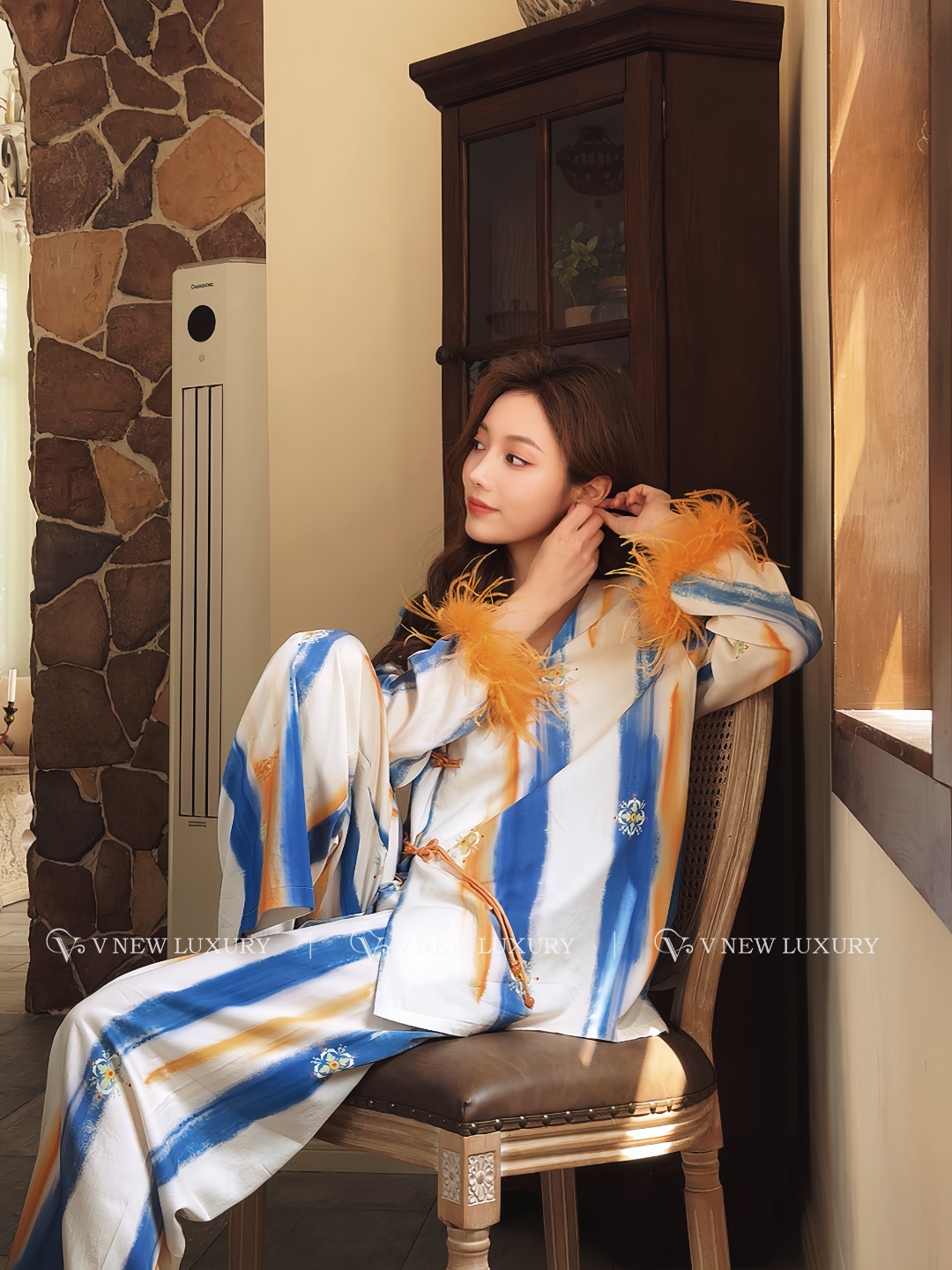 早秋秋季睡衣女丝棉长袖改良盘扣轻奢气质羽毛家居服套装V7T3032