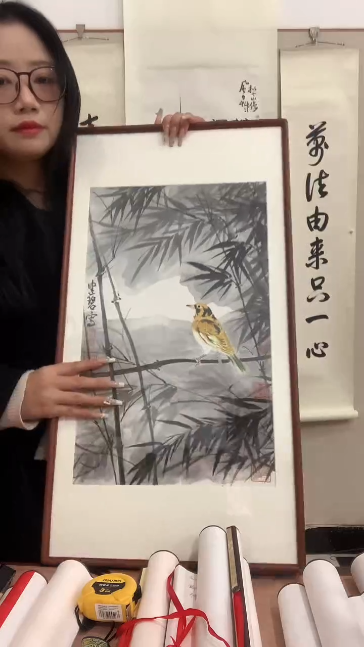 【闪购商品】国画j陈老师国画（小鸟  竹）镜框一件