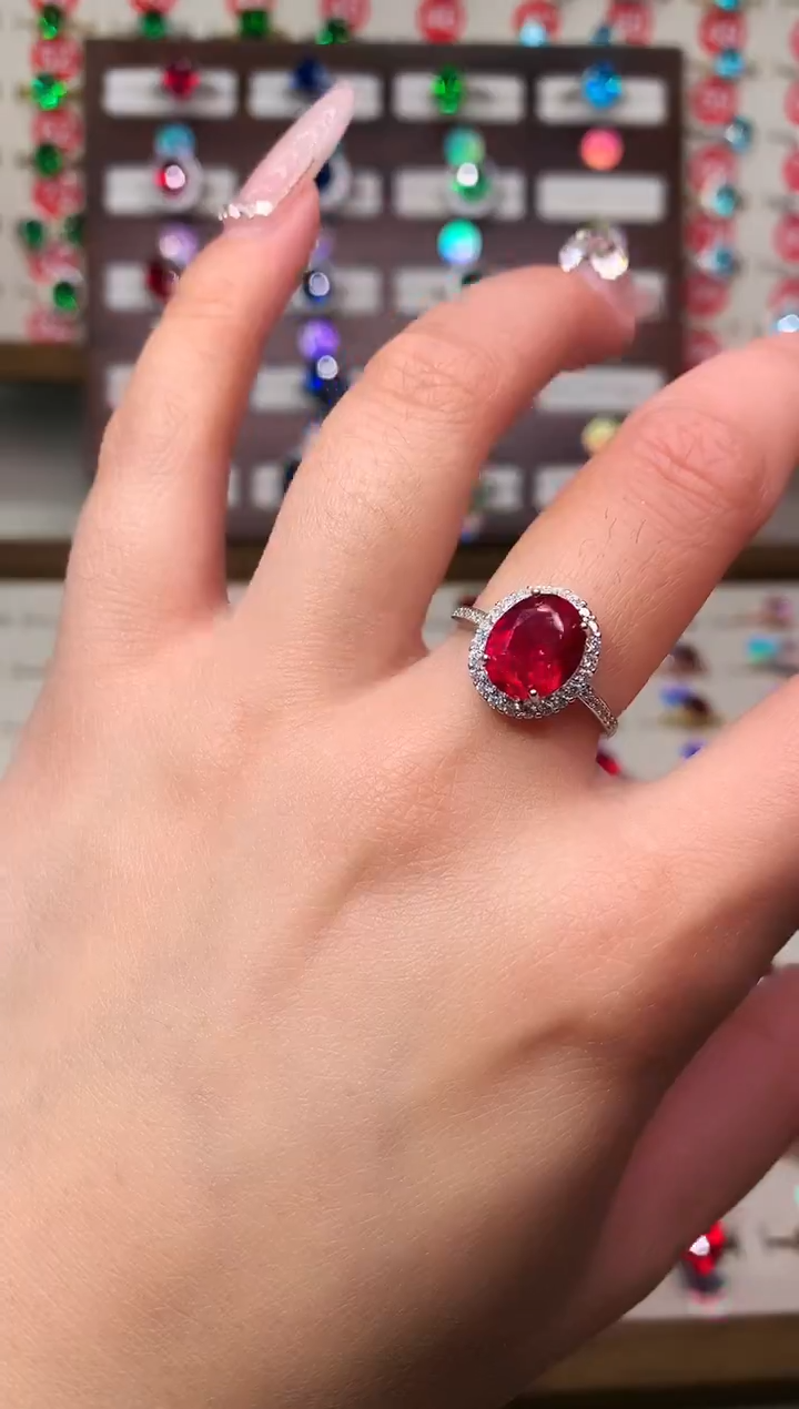 银S925镶嵌戒指红宝石8*10 银托